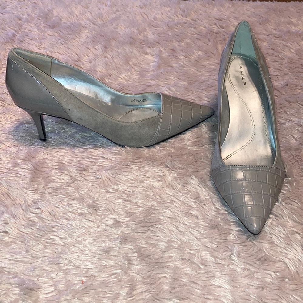 Tahari Raylin II Grey Leather and Suede Heels